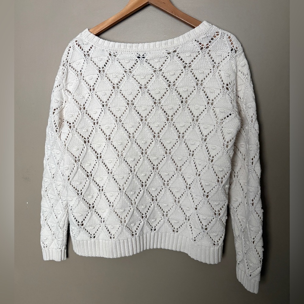 TOMMY HILFIGER ivory crochet open knit sweater sz XL cottagecore chunky Pom Pom - Picture 5 of 16